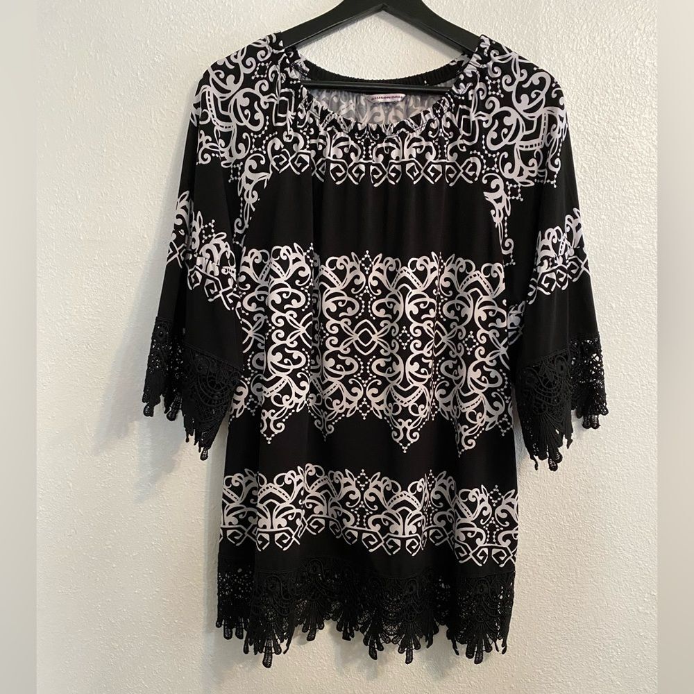 Allison Daley Women's Black & White Tunic Blouse, Crochet Hem Sz L 3/4 Sleeve a5
